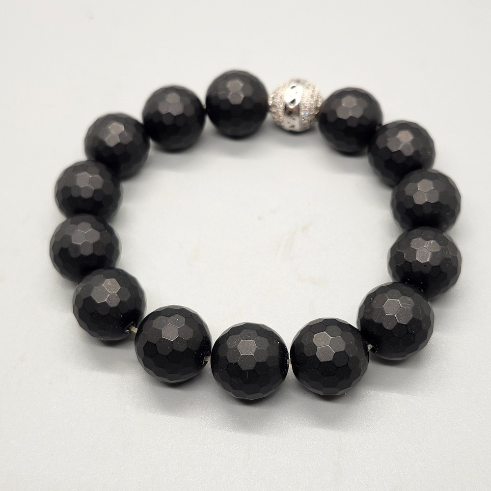 Vintage Simple Hematite Bead Stretch Bracelet with silver tone textured bead